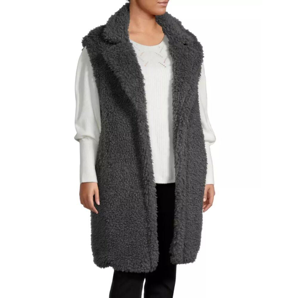 LIZ CLAIBORNE Faux Fur Teddy Sherpa Long Grey Vest, NWT! Size 2X